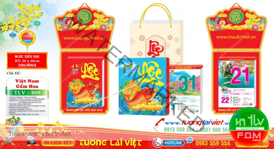 Mẫu Lịch Bloc Dán Nổi Chữ Phúc