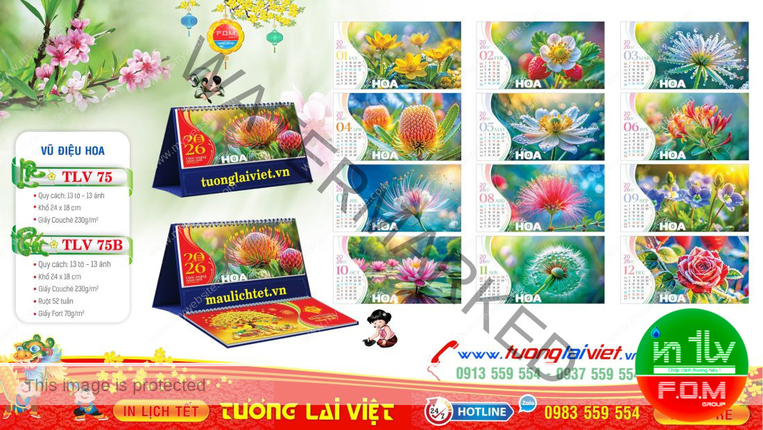 Mẫu Lịch Bàn 13 Tờ Hoa Nghệ Thuật